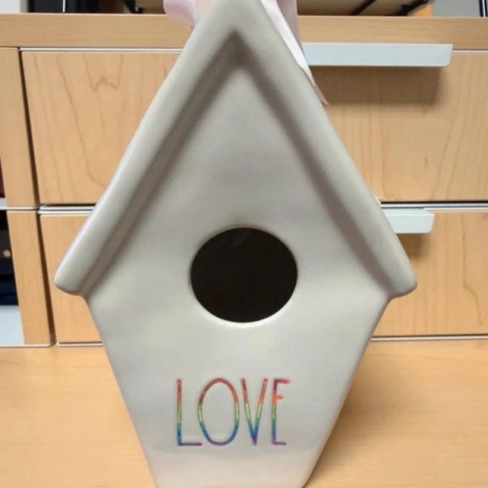 Rae Dunn ceramic decorative birdhouse/Birdie Bank featuring rainbow LOVE